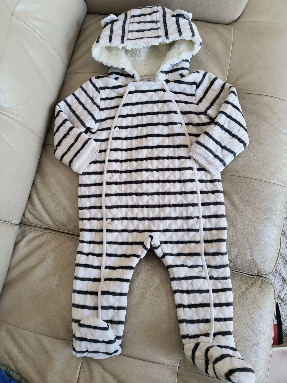 Nordstrom Black and White Striped Quilted Baby Footie with Hood